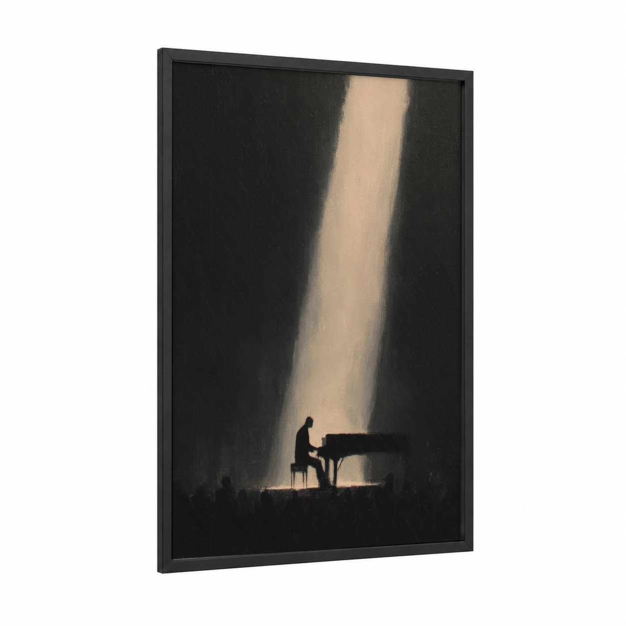 Solitary Pianist framed musician print — black wood frame — black and white and cream palette
