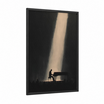 Solitary Pianist framed musician print — black wood frame — black and white and cream palette