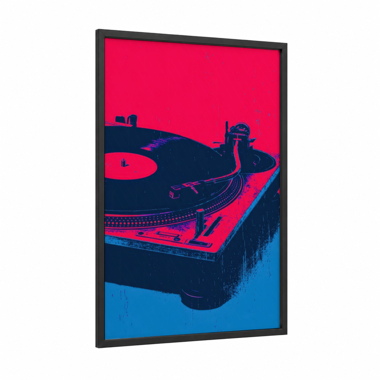 Neon Turntable framed vinyl records print — black wood frame — magenta and royal blue palette