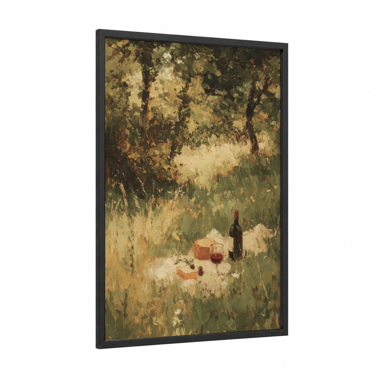 Shaded Picnic framed red wine print — black wood frame — gold and olive palette