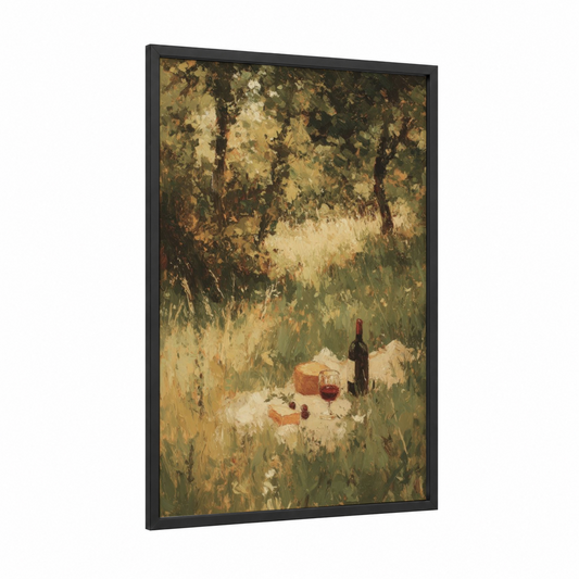 Shaded Picnic framed red wine print — black wood frame — gold and olive palette