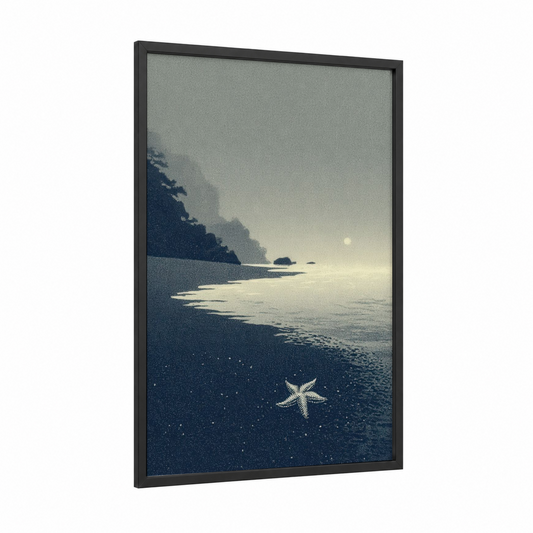Coastal Starfish framed art print — black wood frame — blue and white and dove gray palette