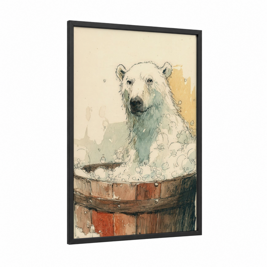 Bathing Polar Bear framed art print — black wood frame — cream and sage green palette