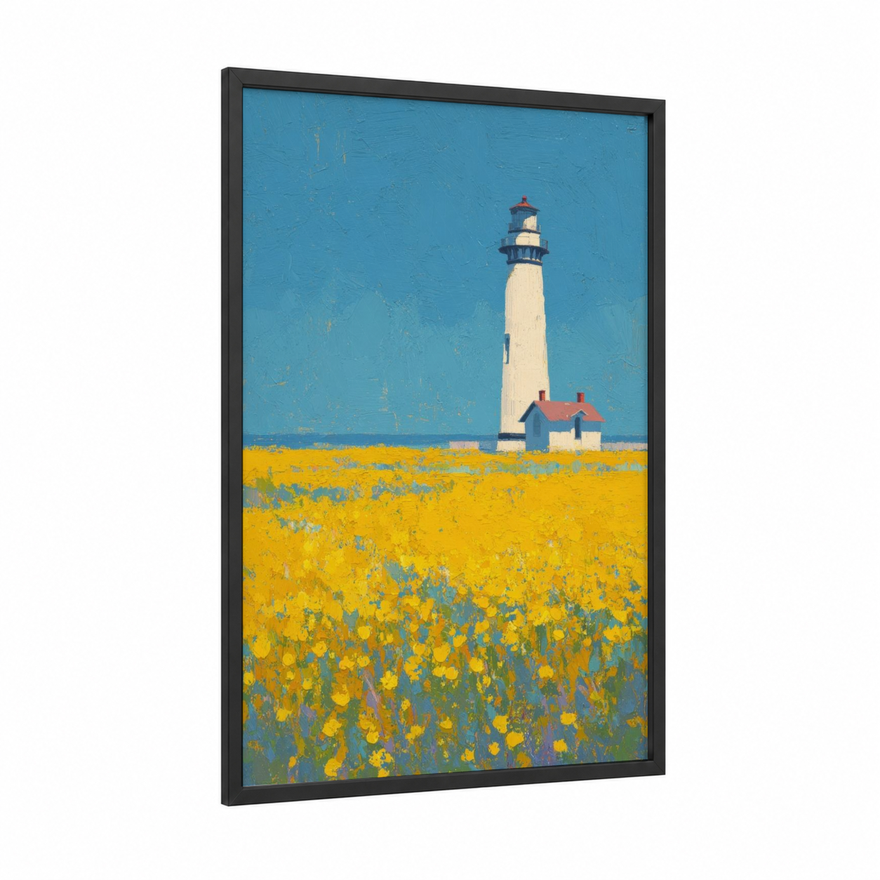 Coastal Lighthouse framed art print — black wood frame — blue and yellow palette