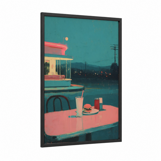 Neon Diner framed fast food print — black wood frame — teal and salmon pink palette