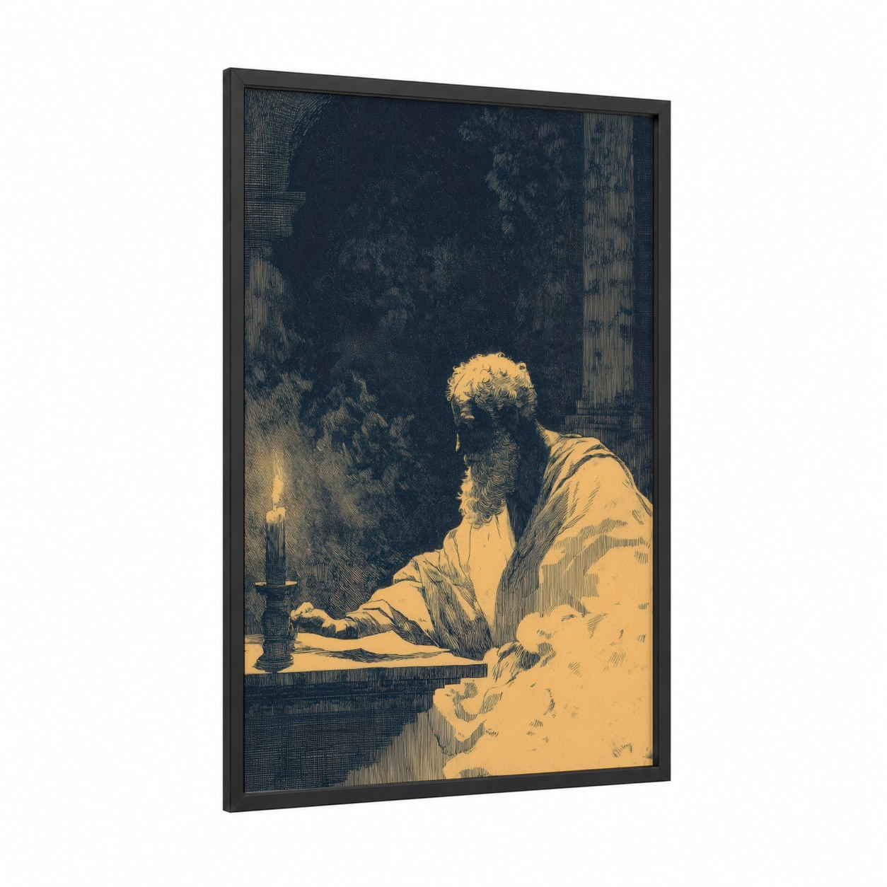 Saint Peter Contemplation framed st. peter print — black wood frame — gold and dark blue palette