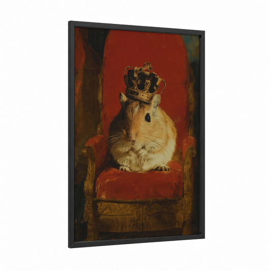 Royal Gerbil framed art print — black wood frame — red and gold and white palette