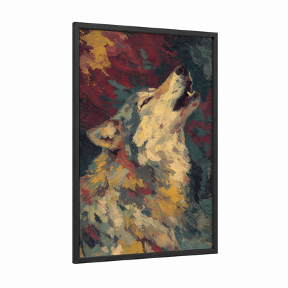 Howling Wolf framed art print — black wood frame — gold and maroon palette