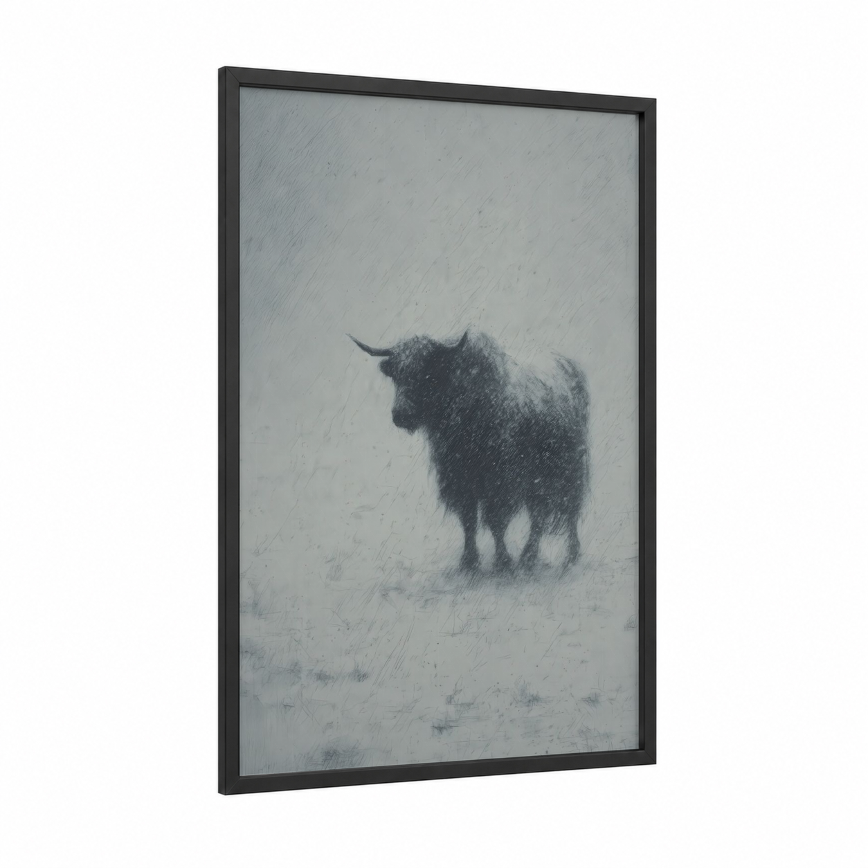 Snowy Yak framed art print — black wood frame — gray and white and black palette