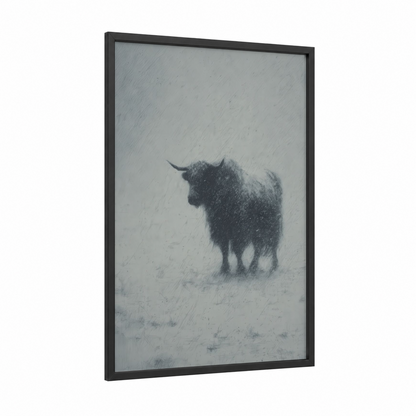 Snowy Yak framed art print — black wood frame — gray and white and black palette