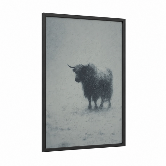 Snowy Yak framed art print — black wood frame — gray and white and black palette