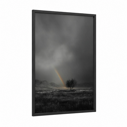 Golden Rainbow framed art print — black wood frame — gray and gold palette
