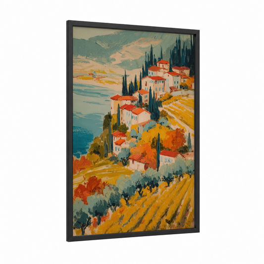 Tuscan Hillside Autumn framed art print — black wood frame — gold and teal palette