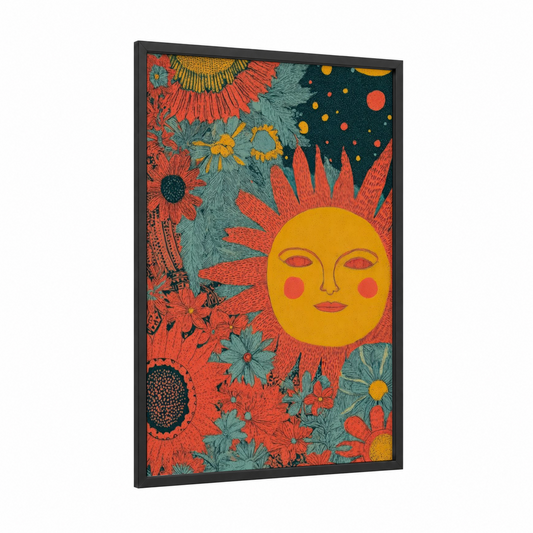 Celestial Sun Face framed the sun print — black wood frame — teal palette