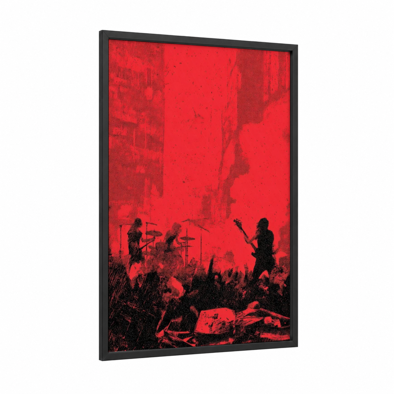Crimson Stage Fury framed death metal print — black wood frame — red and black palette