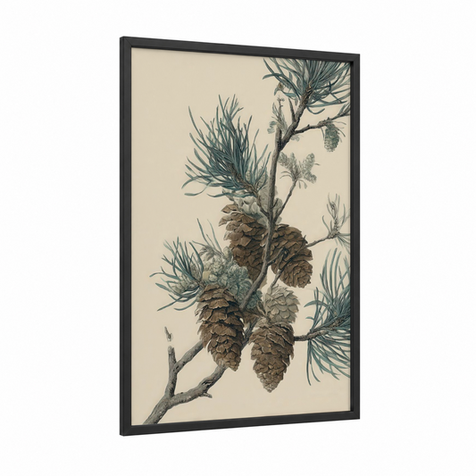 Pine Cones Branch framed forest trees print — black wood frame — cream and teal palette