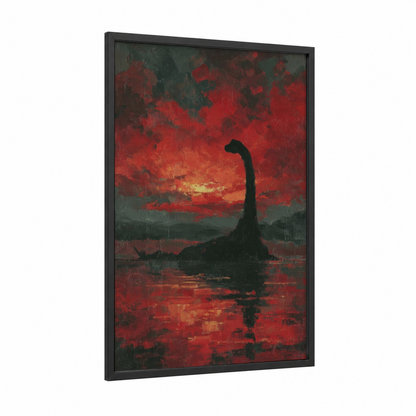 Crimson Loch Apparition framed loch ness monster print — black wood frame — red and black palette