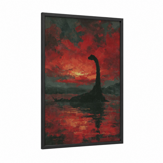 Crimson Loch Apparition framed loch ness monster print — black wood frame — red and black palette