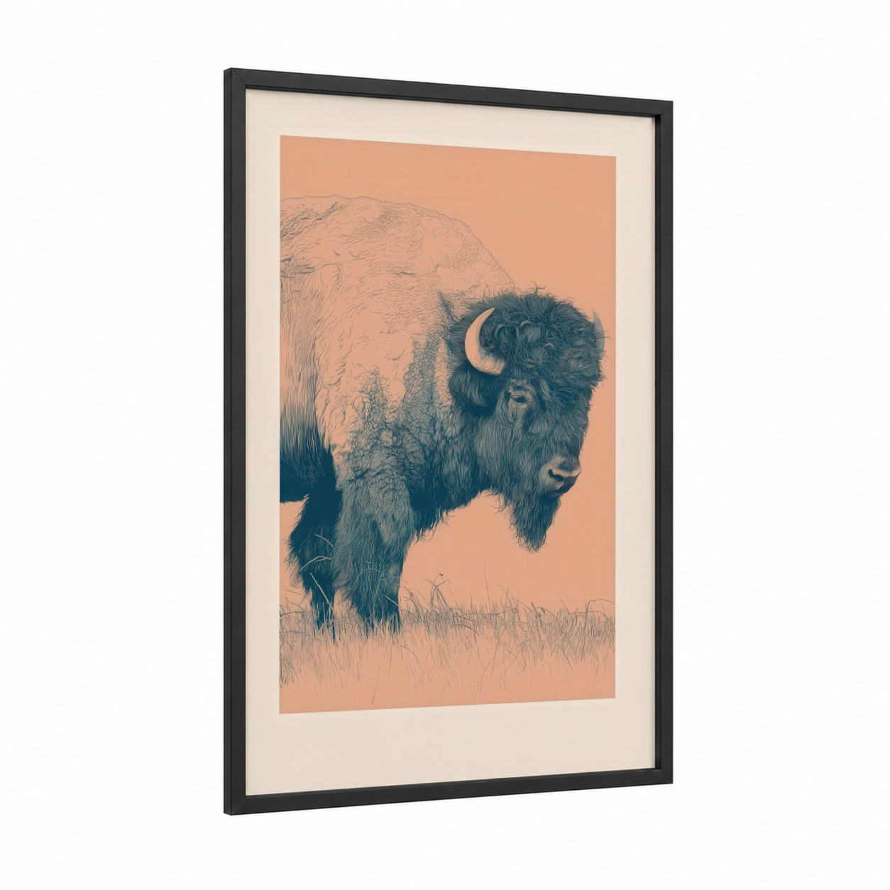 Dusty Bison Profile framed art print — black wood frame — peach and teal palette