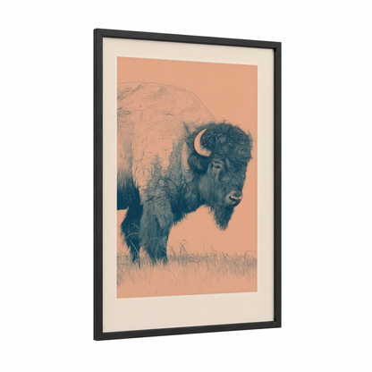 Dusty Bison Profile framed art print — black wood frame — peach and teal palette