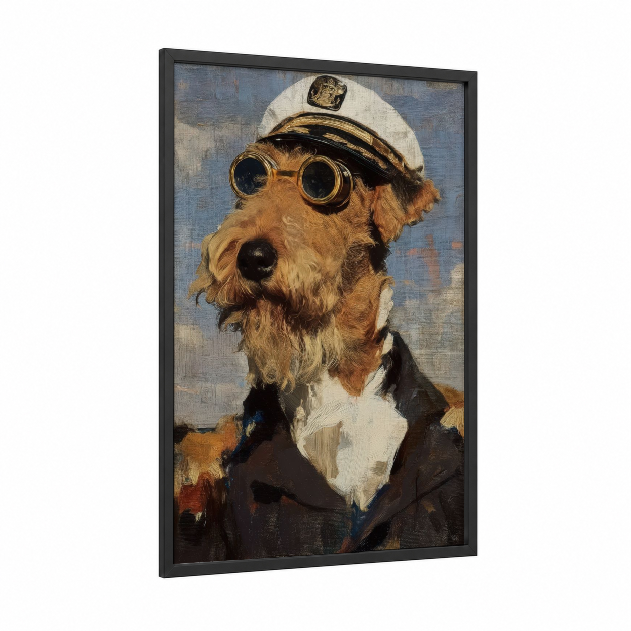 Captain Terrier framed art print — black wood frame — gold and blue and white palette