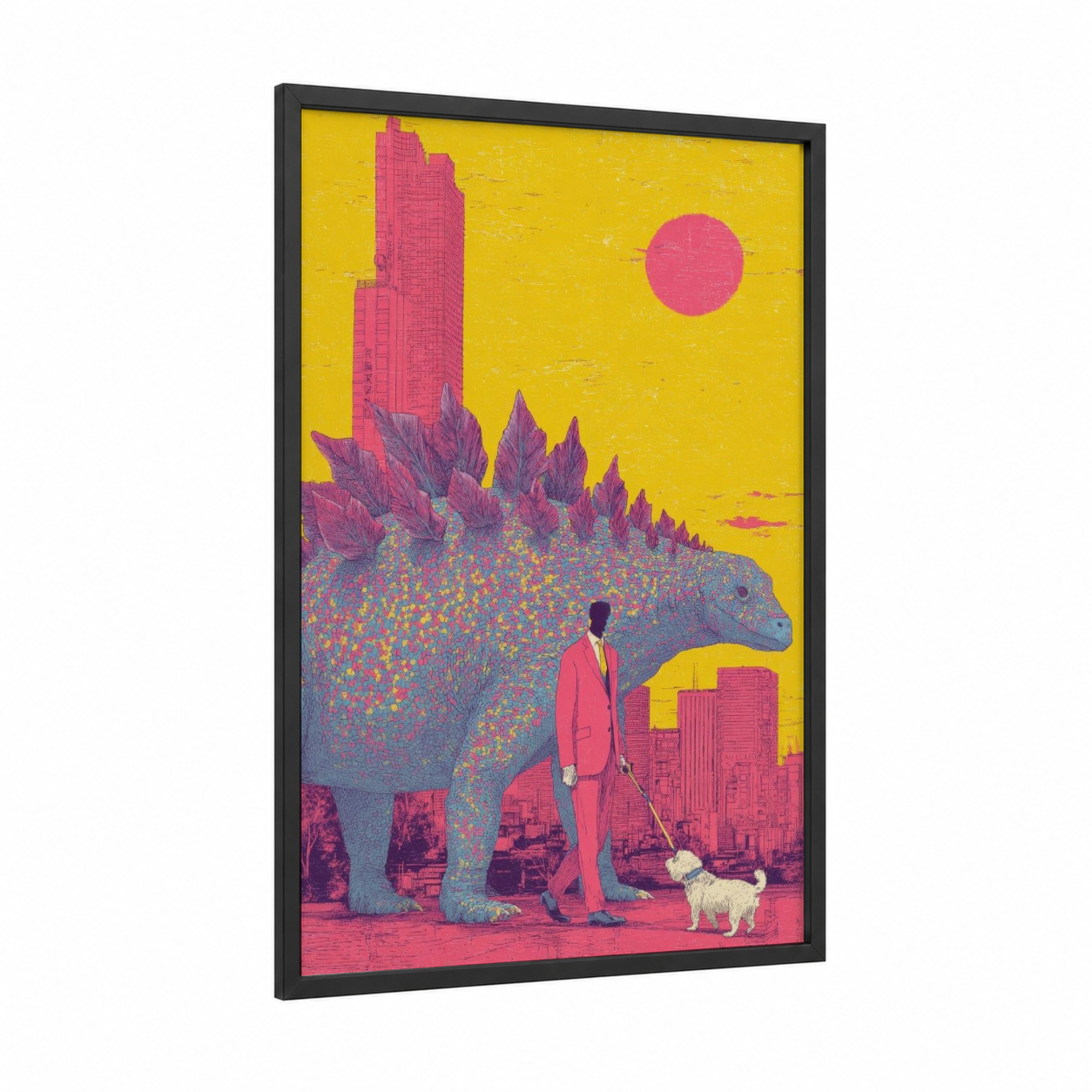 Urban Stegosaurus framed dinosaur print — black wood frame — yellow and magenta palette