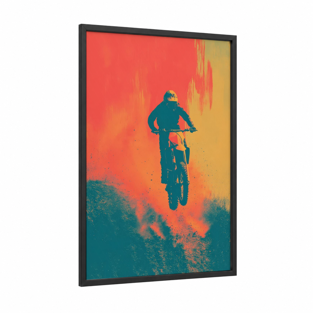 Desert Jump framed motocross print — black wood frame — orange and teal palette