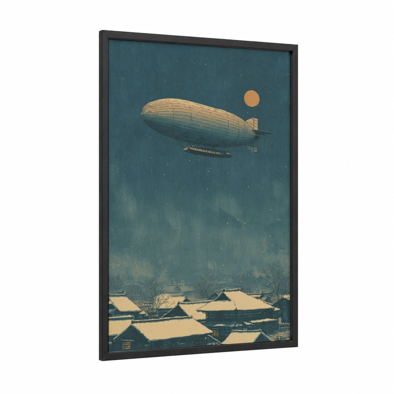 Snowy Airship framed art print — black wood frame — dove gray and gold palette
