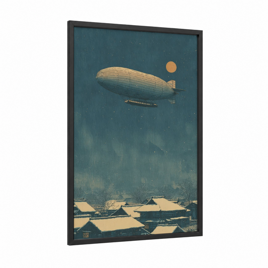 Snowy Airship framed art print — black wood frame — dove gray and gold palette
