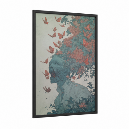 Blooming Zombie framed art print — black wood frame — teal and salmon pink palette