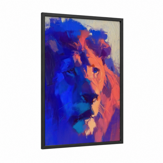 Neon Lion Portrait framed art print — black wood frame — blue and orange palette