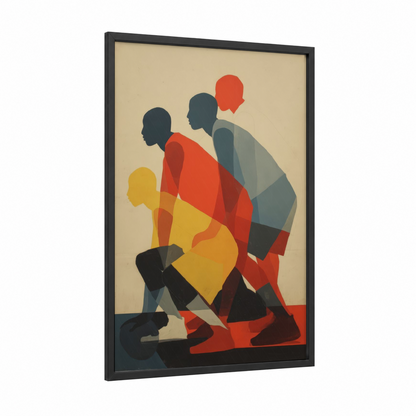 Dynamic Basketball Players framed art print — black wood frame — red and gold palette
