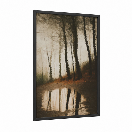 Misty Oak Forest framed art print — black wood frame — beige and brown palette
