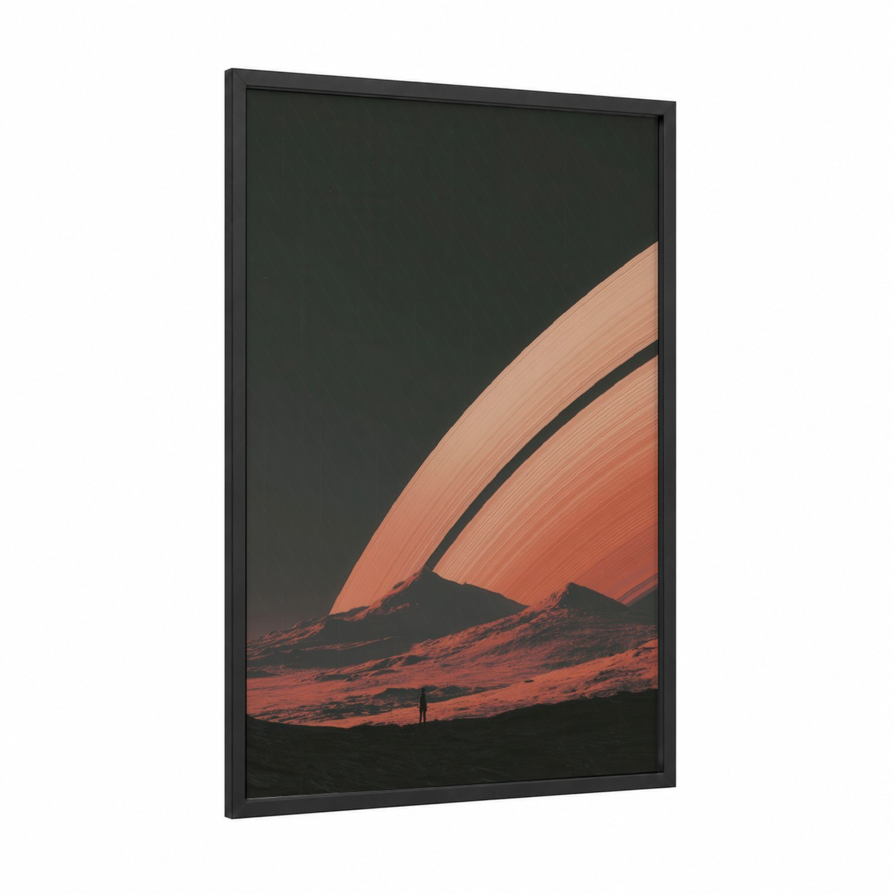 Alien Landscape framed extraterrestrial print — black wood frame — dark green palette