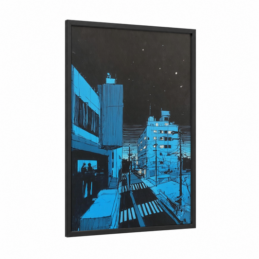 Neon City Night framed abstract architecture print — black wood frame — blue and black palette