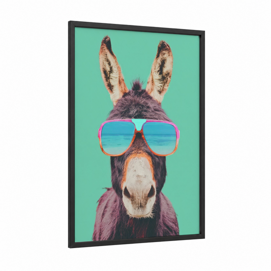 Cool Donkey framed art print — black wood frame — turquoise and gold palette