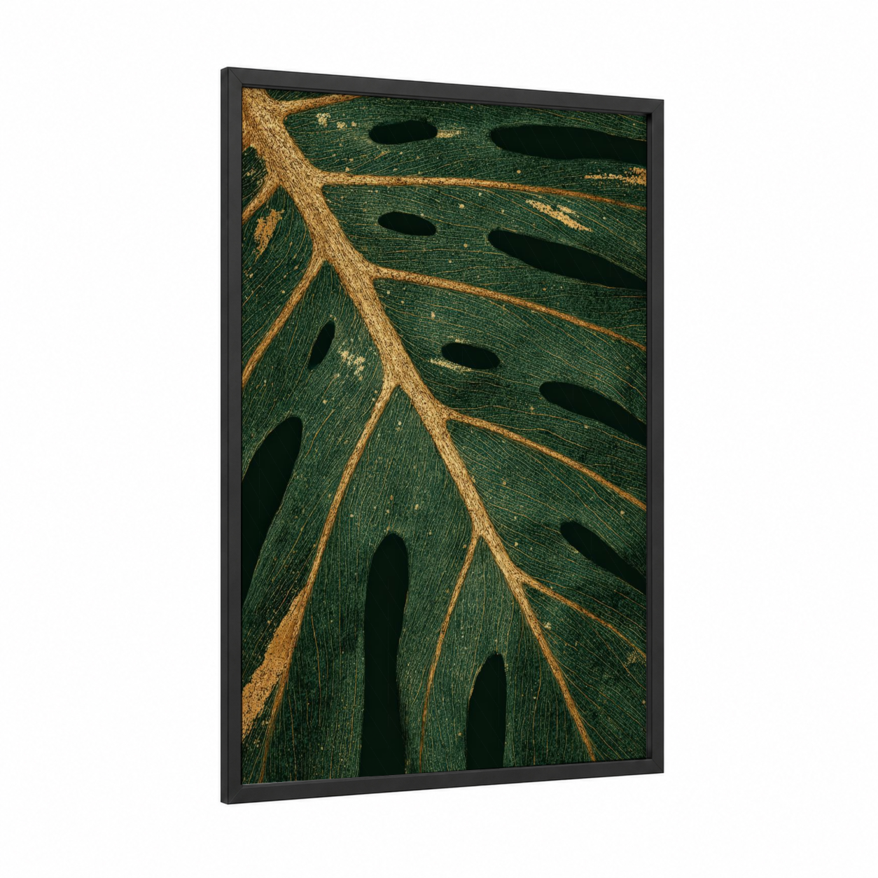 Monstera Green Detail framed leaf print — black wood frame — dark green and gold palette