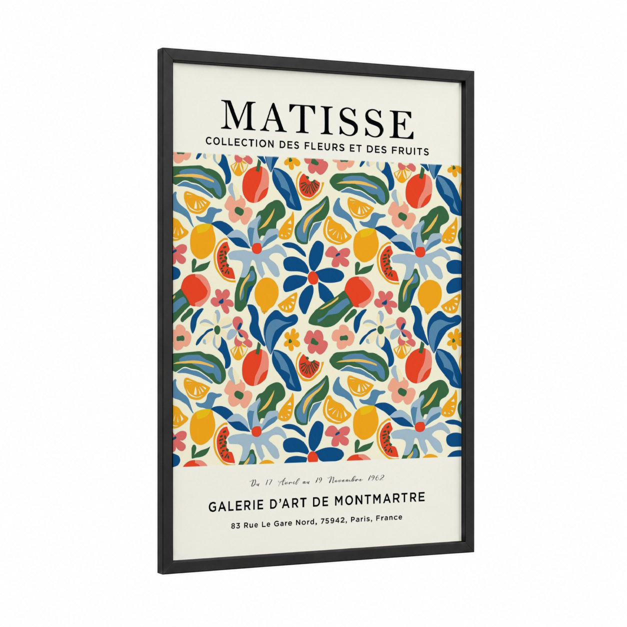 Matisse Botanicals framed abstract flower print — black wood frame — blue and yellow gold palette