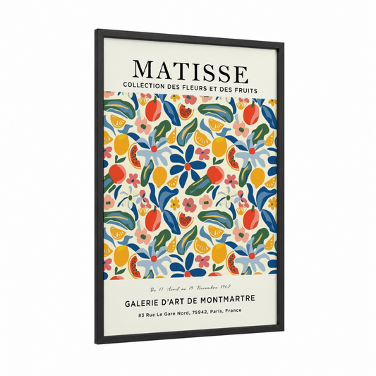 Matisse Botanicals framed abstract flower print — black wood frame — blue and yellow gold palette