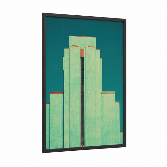 Mint Art Deco Tower framed towers print — black wood frame — light green and teal palette