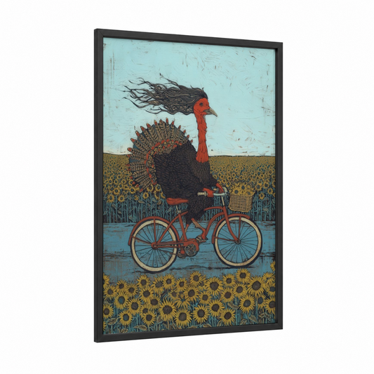 Cycling Turkey framed art print — black wood frame — turquoise and gold palette