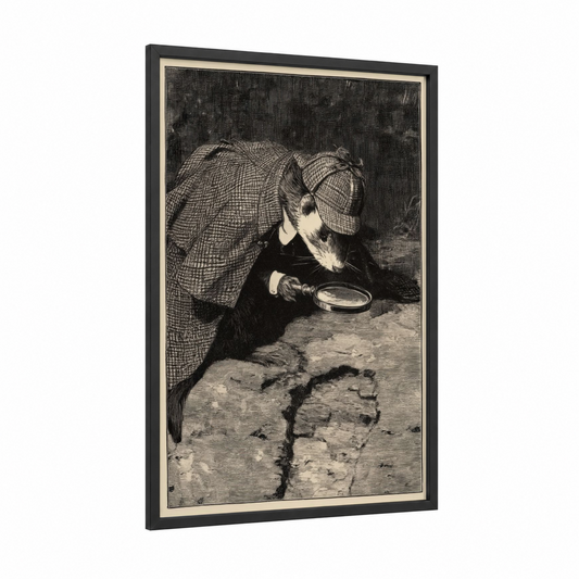 Curious Ferret framed art print — black wood frame — black and white and cream palette
