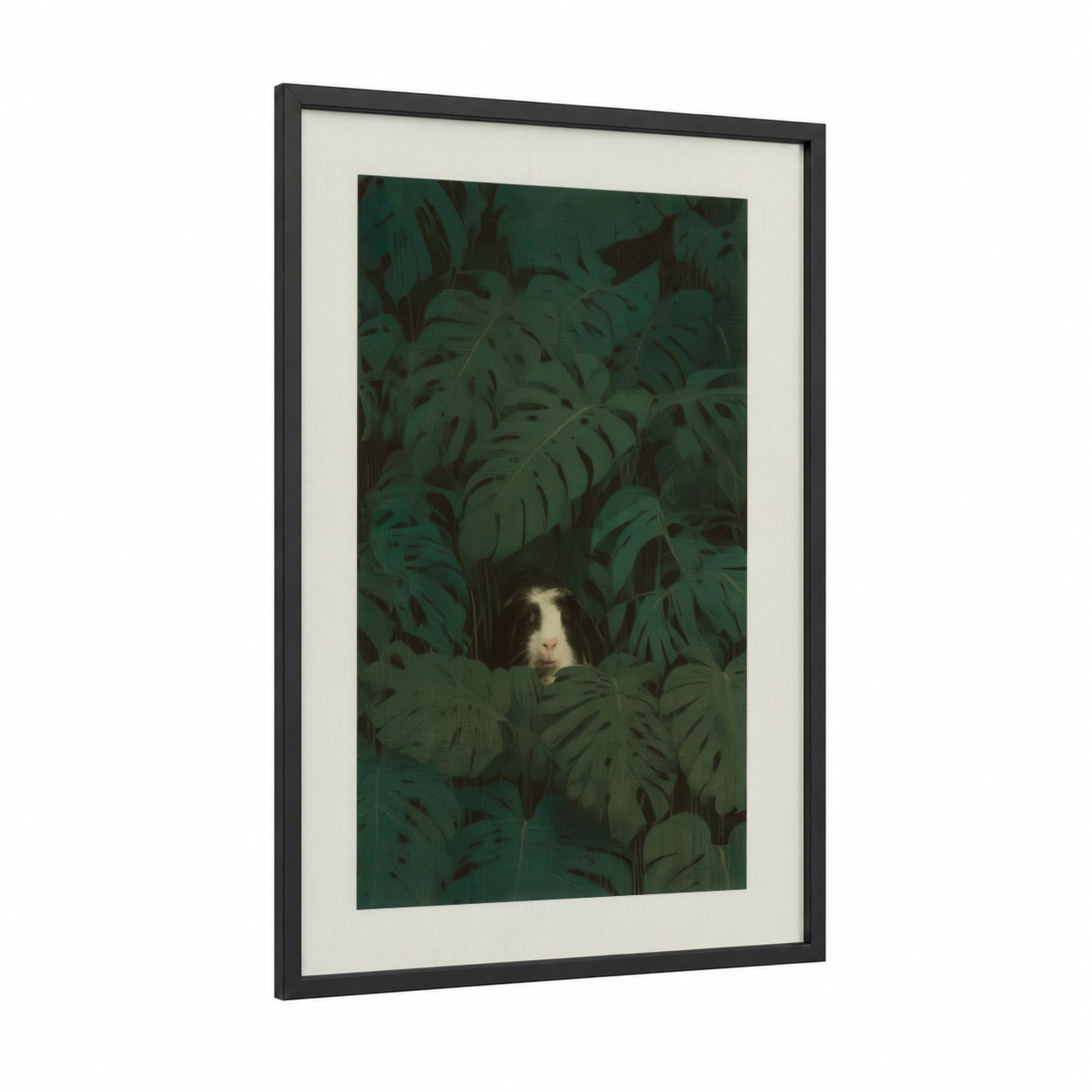 Hidden Guinea Pig framed art print — black wood frame — dark green and cream palette