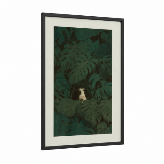 Hidden Guinea Pig framed art print — black wood frame — dark green and cream palette