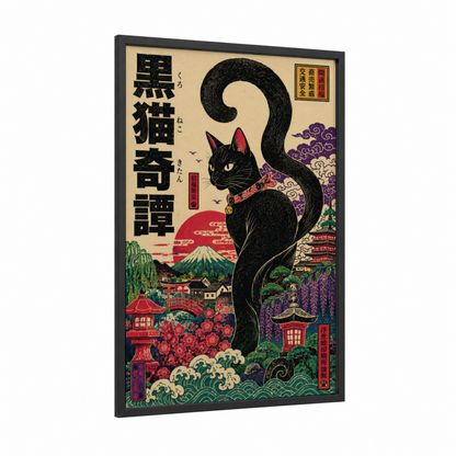 Japanese Black Cat Mount Fuji Wall Art framed art print — black wood frame — black and red palette