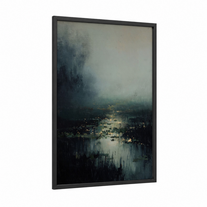 Twilight Fireflies framed art print — black wood frame — gray and yellow and dark blue palette