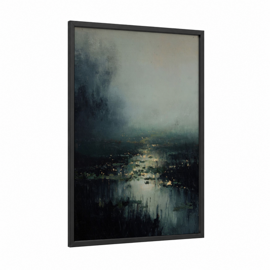 Twilight Fireflies framed art print — black wood frame — gray and yellow and dark blue palette