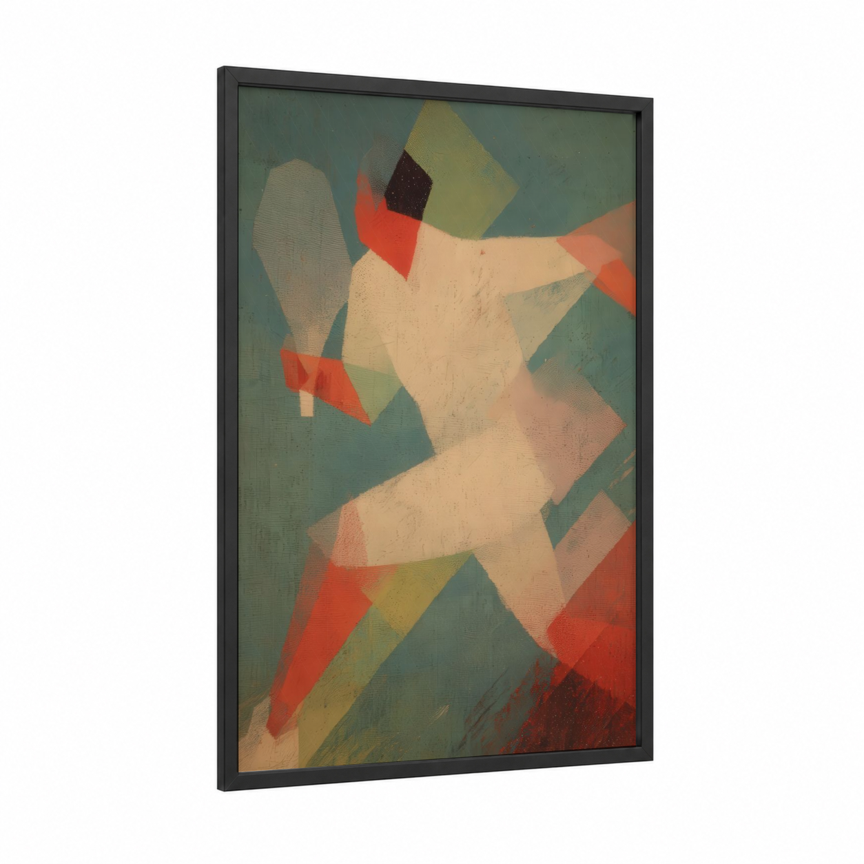 Dynamic Tennis Player framed art print — black wood frame — peach and sage green palette