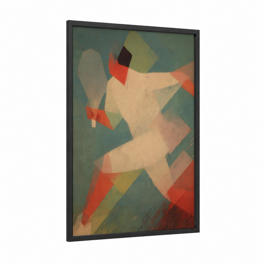 Dynamic Tennis Player framed art print — black wood frame — peach and sage green palette