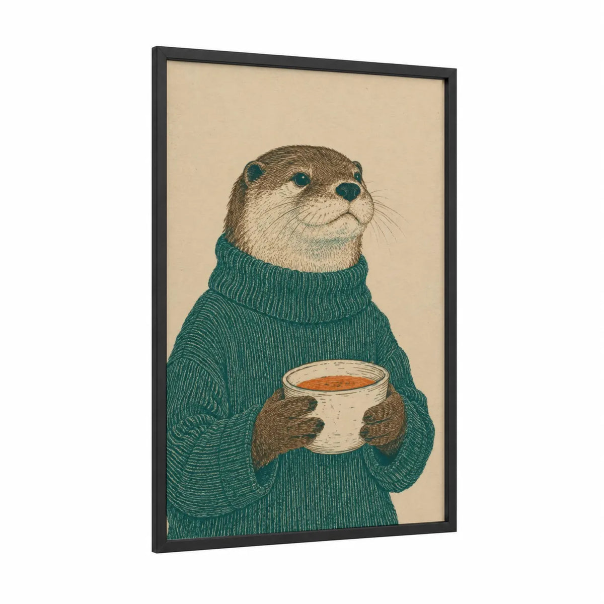 Otter Holding Coffee Cup Wall Art framed sea life print — black wood frame — teal and beige palette